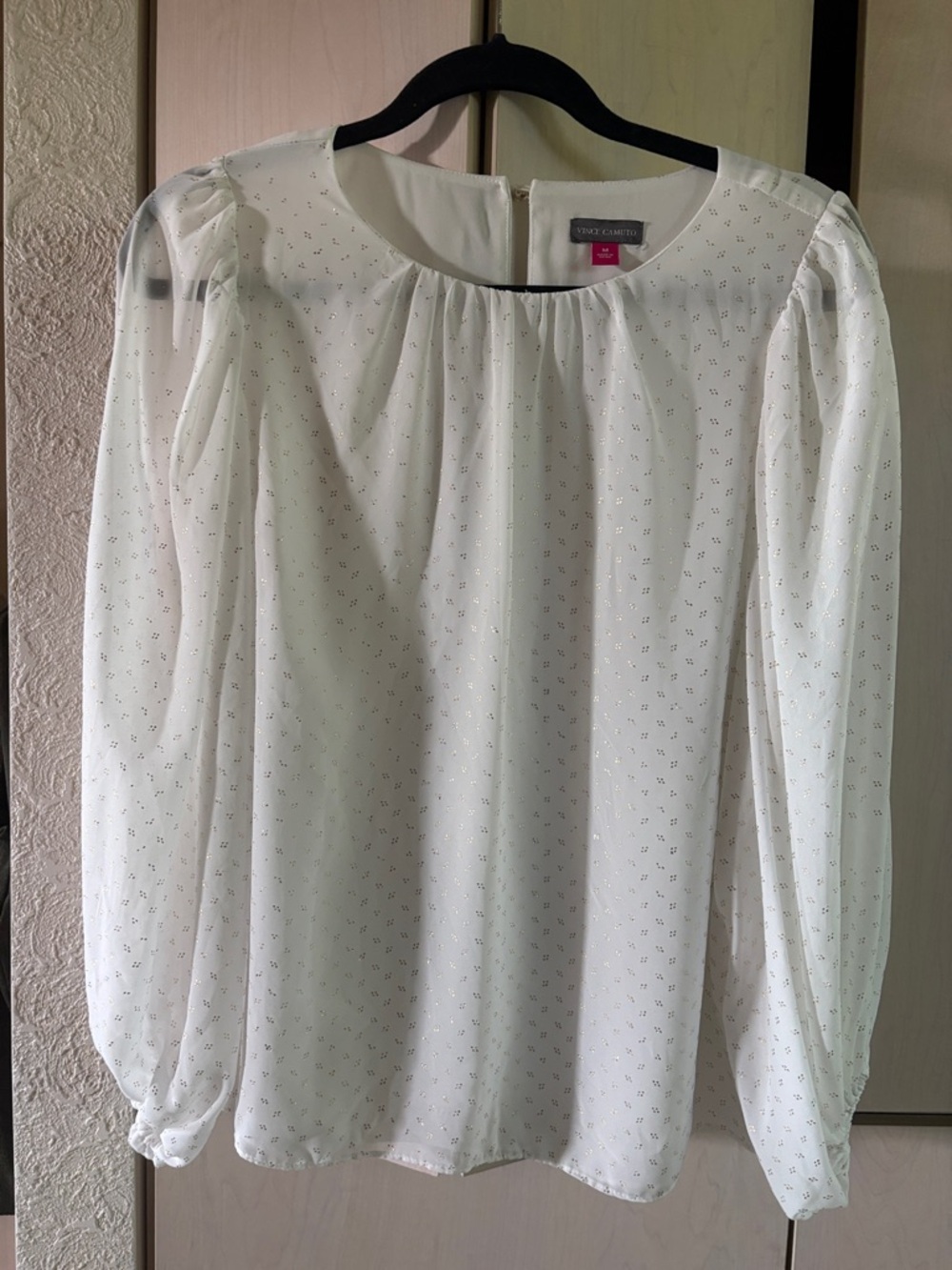 Vince Camuto White Sheer Long-Sleeve Blouse with Subtle Dot